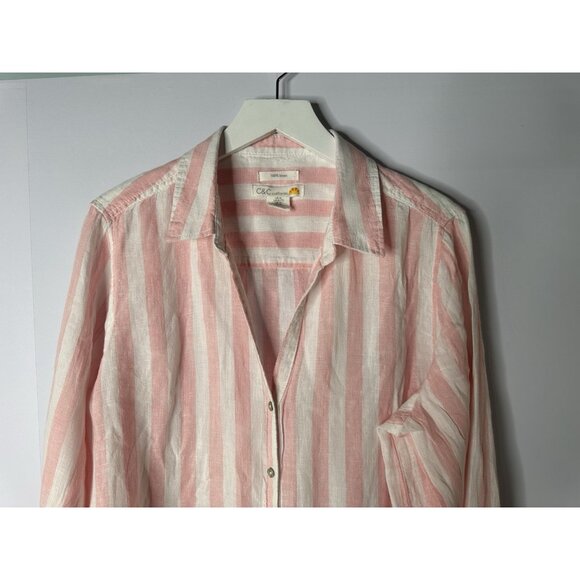 CC California Womens XL Linen Button Up Top Roll Tab Sleeves Pink Stripe Beachy - Picture 2 of 13
